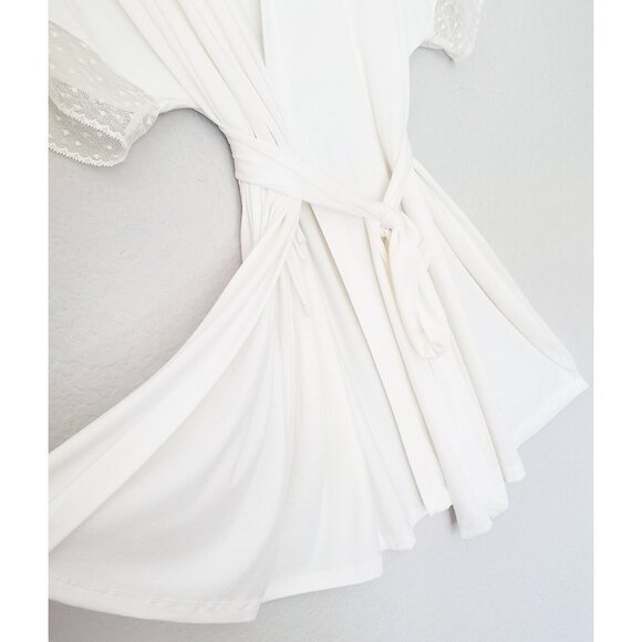 Eberjey Kimono Robe S Ivory Soft Modal Jersey Polka Dot Lace Mesh Inset Wrap Tie - Picture 9 of 15
